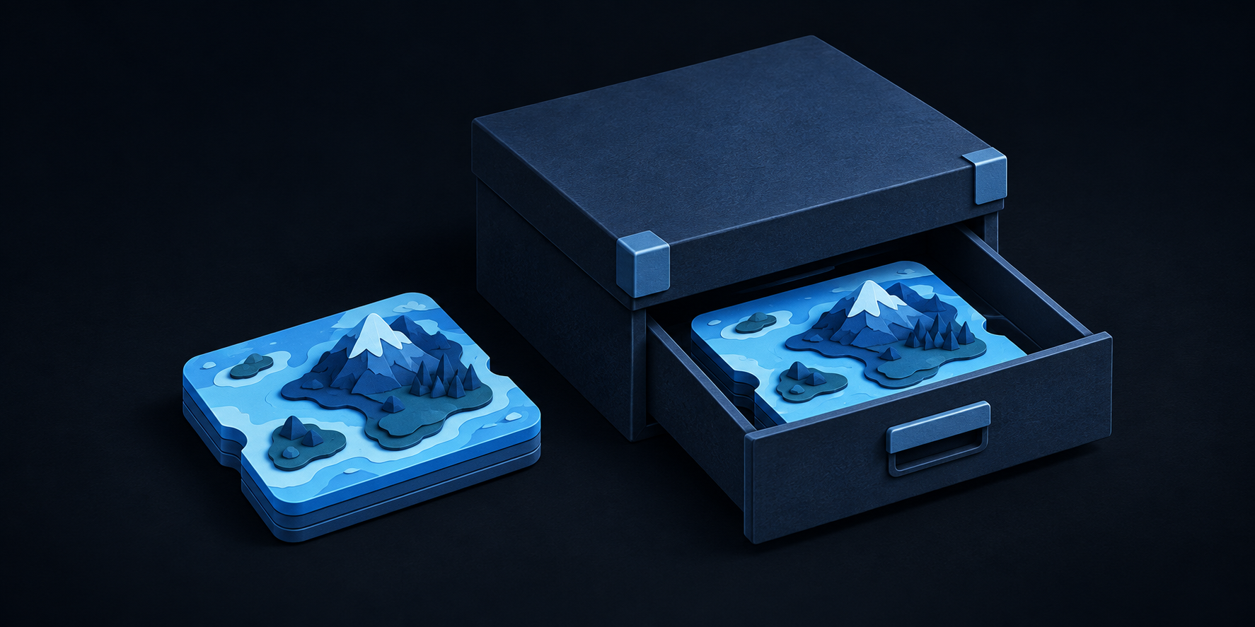 Navy archive case with an open drawer holding a layered blue landscape tile and a matching tile beside it.