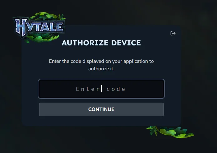 Hytale account login page in the browser asking for the device verification code