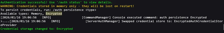 Server console output after running the auth persistence command, confirming the token is stored encrypted