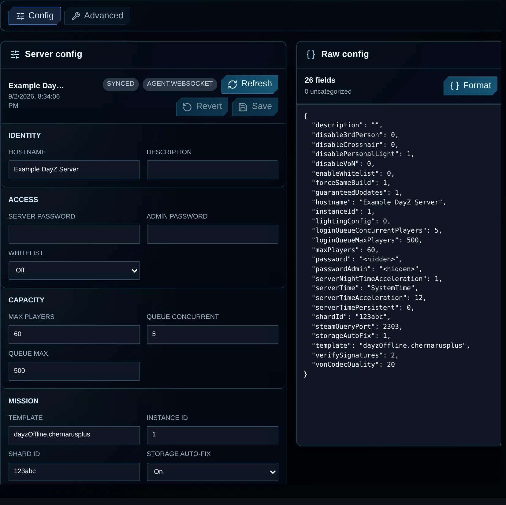 Server identity, mission settings, whitelist and separate player/admin passwords in VXPanel Config. Secret values are hidden.