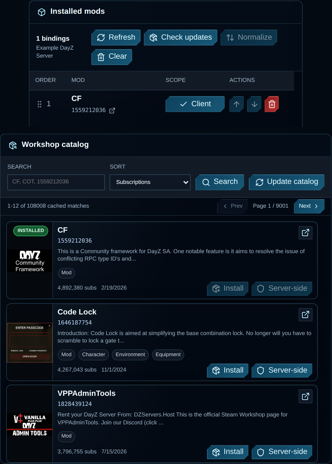VXPanel example showing an installed CF mod in Client scope and the Workshop catalog.