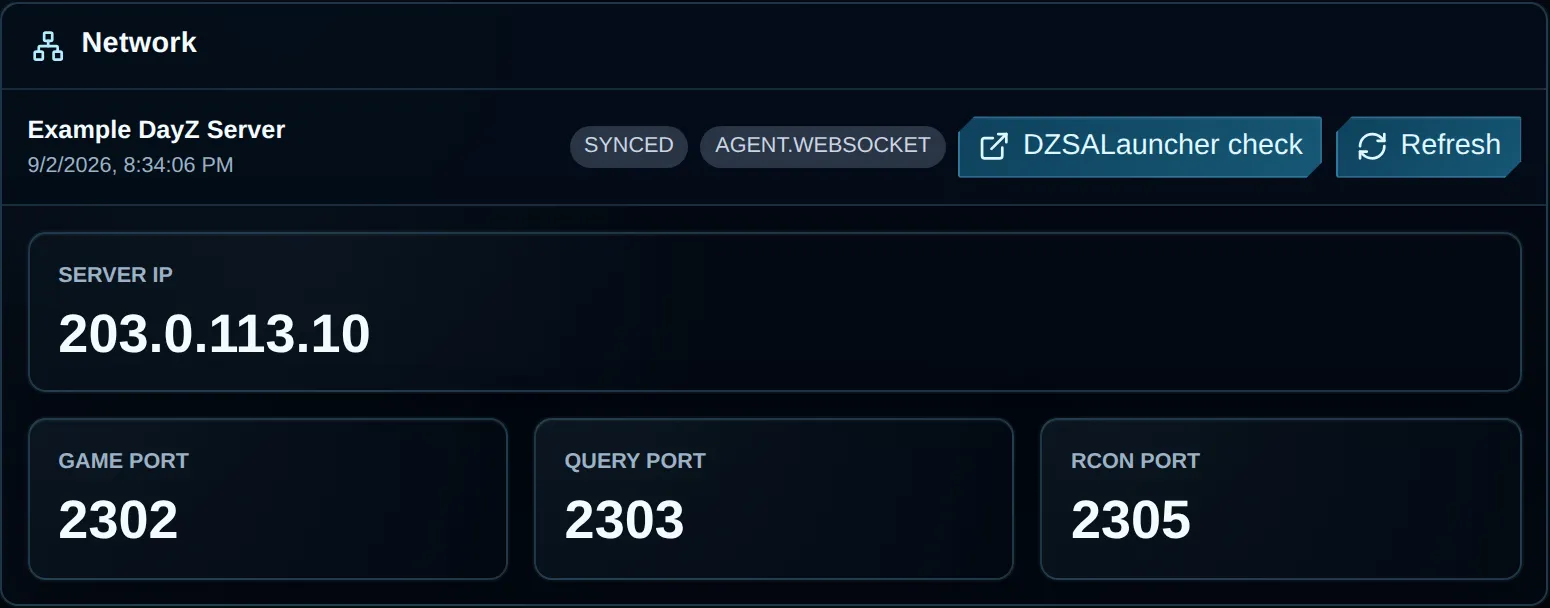 A sample DayZ server address in VXPanel Network, with game, query and RCON ports listed apart.