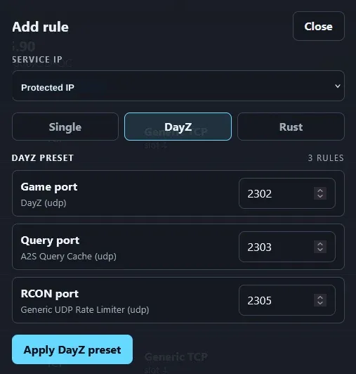 Add rule modal with the DayZ preset selected, prefilled with game port 2302, query port 2303, and RCON port 2305