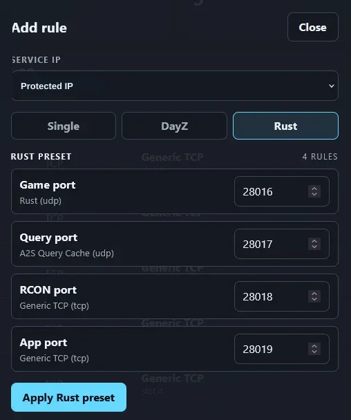 Add rule modal with the Rust preset selected and an example custom port set
