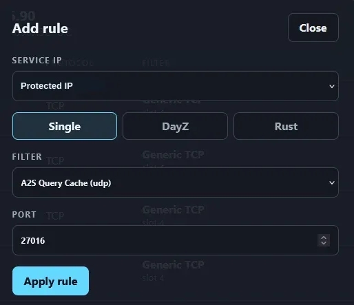 Add rule modal in Single mode with service IP, filter, and port fields and an Apply rule button
