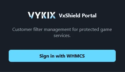 VxShield Portal login screen with a Sign in with WHMCS button