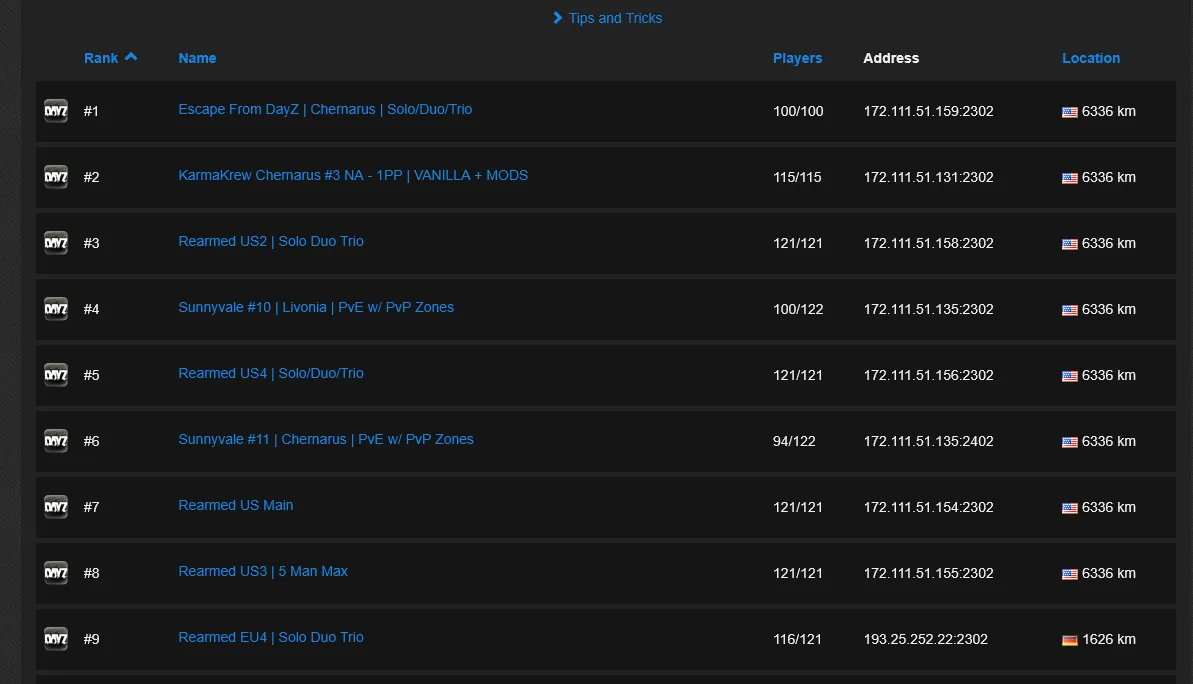 June DayZ ranking snapshot showing nine listings from Escape From DayZ, KarmaKrew, Rearmed and Sunnyvale in positions one through nine.