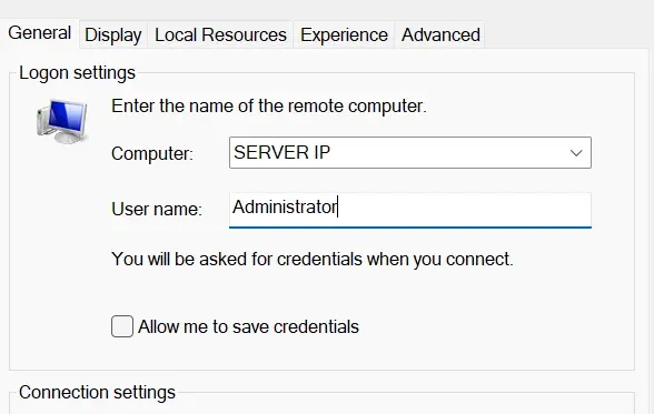 Remote Desktop Connection logon settings with the Computer field for the server IP and Administrator entered as the user name