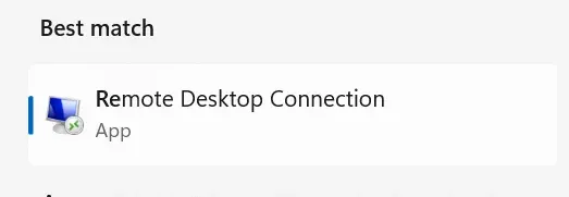 Windows Start menu search results showing Remote Desktop Connection as the best match