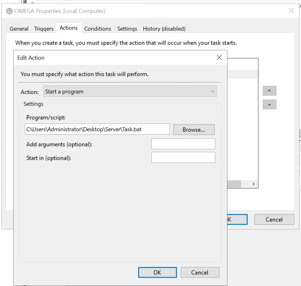 Edit Action dialog set to “Start a program” with the Program/script field pointing to Task.bat in the server folder