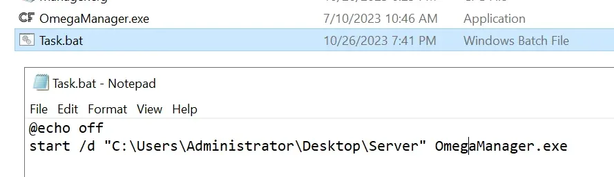 Task.bat open in Notepad showing the @echo off and start commands, next to OmegaManager.exe in the same server folder