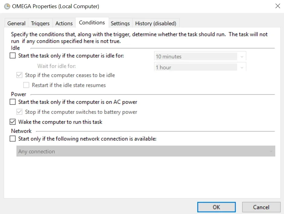 Conditions tab with the idle, power, and network start conditions cleared and “Wake the computer to run this task” ticked