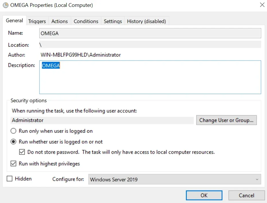 Task Scheduler General tab with the task named OMEGA, “Run whether user is logged on or not” selected, and “Run with highest privileges” ticked