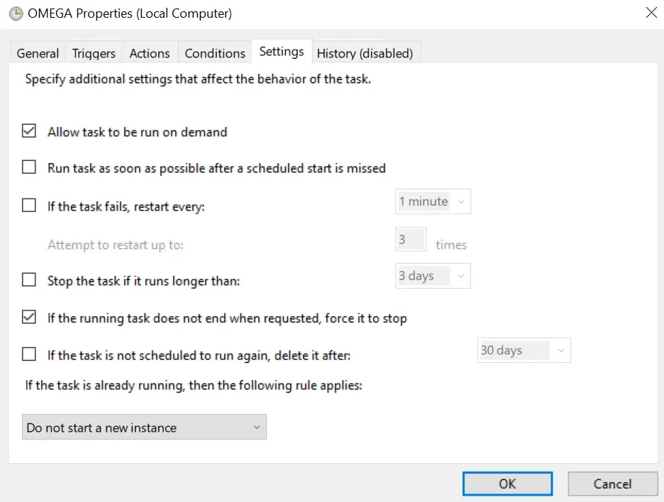 Settings tab with “Allow task to be run on demand” ticked and the already-running rule set to “Do not start a new instance”