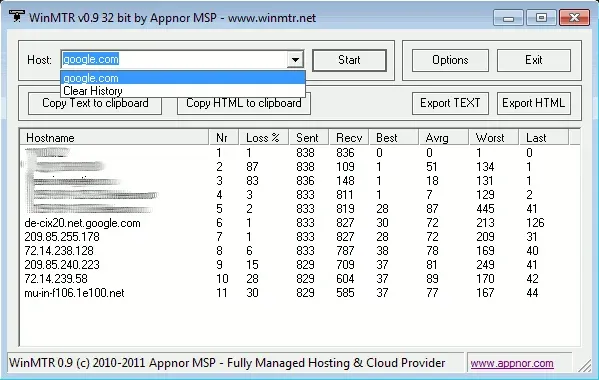 WinMTR window with a finished trace, listing each hop with loss percentage, sample counts, and best, average, and worst latency